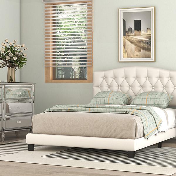 Upholstered Platform Bed with Saddle Curved Headboard and Diamond Tufted Details, Queen, Beige