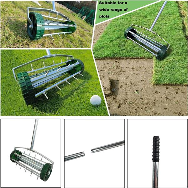 Heavy Duty Rolling Lawn Aerator,Rolling Lawn Aerator,  Rotary Push Tine Spike Soil Lawn Aerator Gardening Tool with 3-Piece Long Steel Handle for Garden Yard Grass Maintenance,Garden Yard Rotary Push