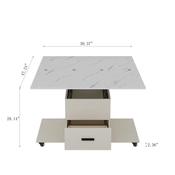 Modern Lift-Up Coffee Table with 4 Stools Set for Living Room Expandable 1 Hidden Storage + 2 Drawers Space Saving Folding Dining Table