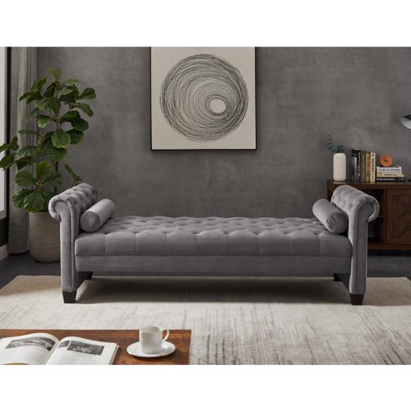 Dark Grey, Solid Wood Legs Velvet Rectangular Sofa Bench with Attached Cylindrical Pillows