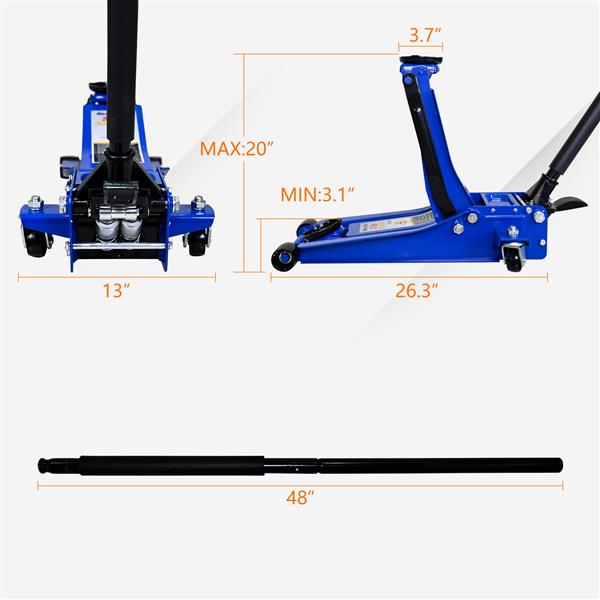 3T Heavy Duty Horizontal Double Pump Floor Jack Foot Model