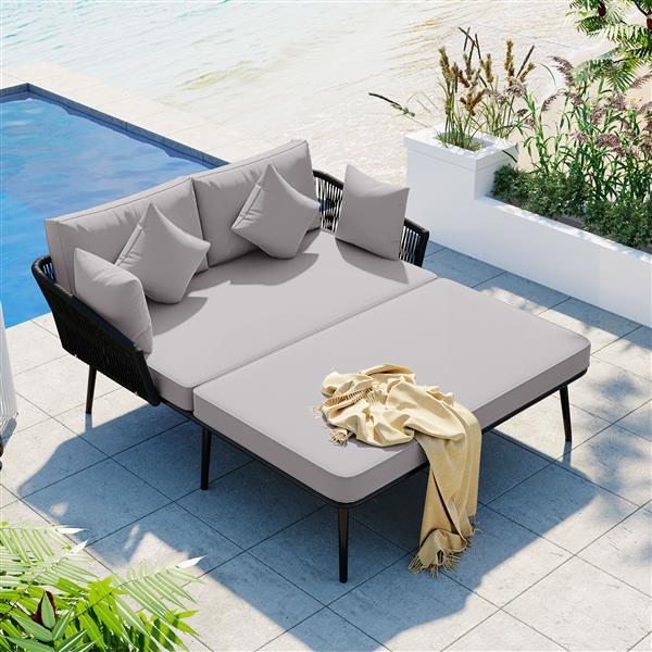 Outdoor Patio Daybed, Woven Nylon Rope Backrest with Washable Cushions for Balcony, Poolside, Set for 2 Person, Gray