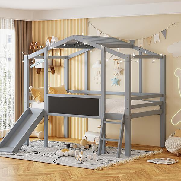 Twin Size Loft Bed with Ladder and Slide, House Bed with Blackboard and Light Strip on the Roof, Gray