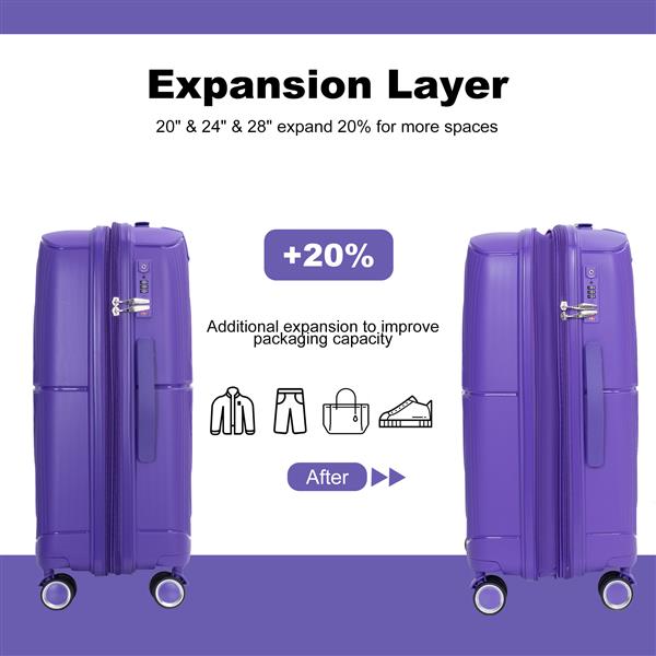 Expandable Hardshell Suitcase Double Spinner Wheels PP Luggage Sets Lightweight Durable Suitcase with TSA Lock,3-Piece Set (20/24/28) , Purple