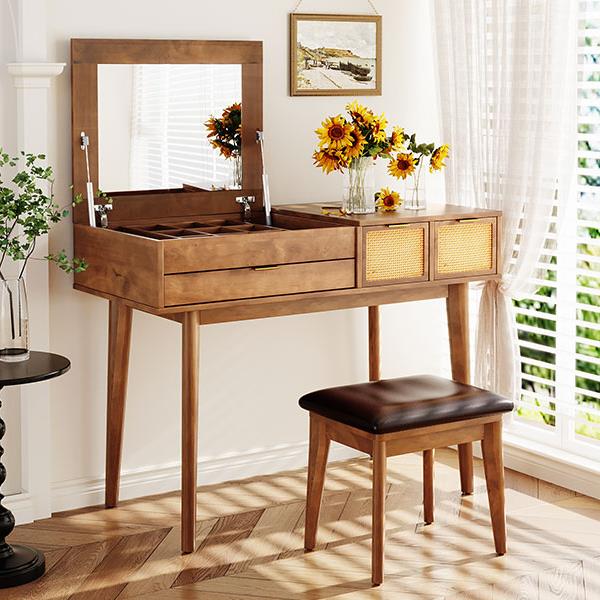 43.3" Classic Wood Makeup Vanity Set with Flip-top Mirror and Stool, Dressing Table with Three Drawers and storage space, Brown