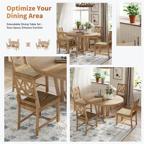 Rustic 5-Piece Extendable Dining Table Set Round Trestle Table and 4 Cross Back Dining Chairs for Kitchen, Dining Room, Natural