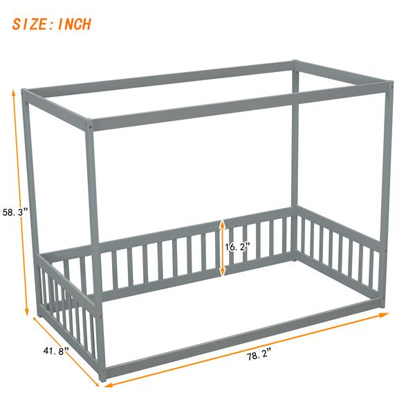 Twin Size Canopy Frame Floor Bed with Fence, Guardrails,Grey