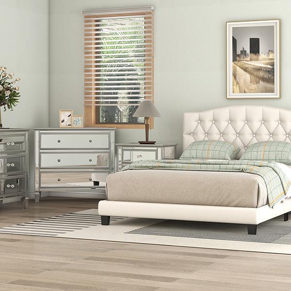 Upholstered Platform Bed with Saddle Curved Headboard and Diamond Tufted Details, Queen, Beige