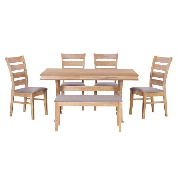 6-Piece Retro 59"L Rectangular Dining Table Set, Table with Unique Legs and 4 Upholstered Chairs & 1 Bench for Dining Room and Kitchen (Natural Wood Wash)