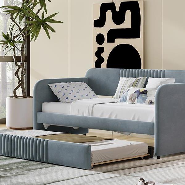 Upholstered Daybed Sofa Bed Twin Size With Trundle Bed and Wood Slat, Gray