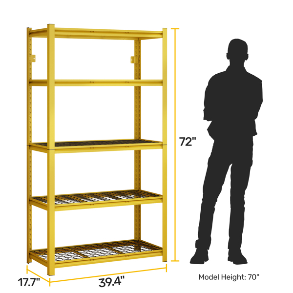 5-Tier  Adjustable Metal Shelving Unit ,Heavy Duty Garage Shelving,Storage Racks,Industrial Utility Shelf,39.4" W x 18 "D x 72''H, Yellow for Garage, Basement, Warehouse, Workshop,kitchen and so on.