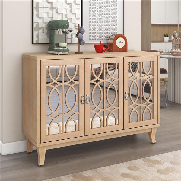 Sideboard with Glass Doors, 3 Door Mirrored Buffet Cabinet with Silver Handle for Living Room, Hallway, Dining Room (Natural Wood Wash)