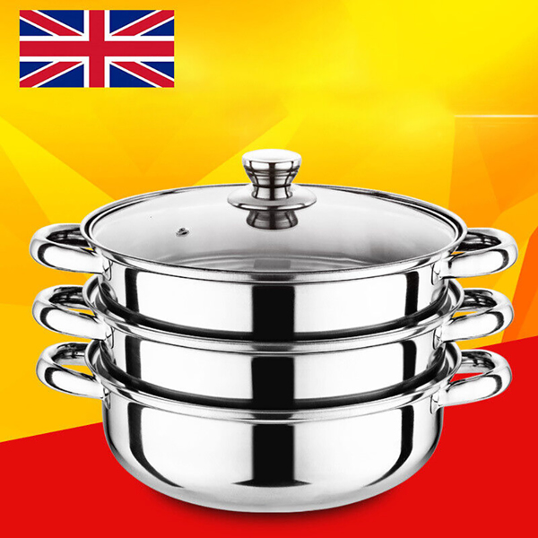 28CM 4PC STEAMER COOKER POT SET PAN COOK FOOD GLASS LIDS 3 TIER STAINLESS STEEL