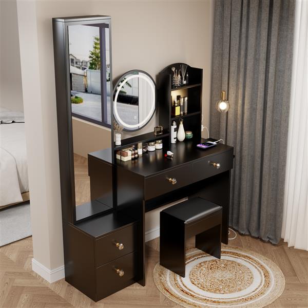 Full Body Mirror Cabinet + Round Mirror LED Vanity Table + Cushioned Stool, With 2 AC + 2 USB Power Station,17" diameter LED Mirror, Touch Control, 3-color, Brightness adjustable, Large desktop