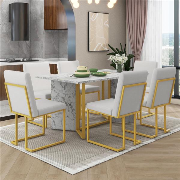 7-Piece Modern Dining Table Set, Artificial Marble Sticker Tabletop and 6 Upholstered Linen Chair All with lden Steel Legs for Dining Room and Kitchen (White + ld)