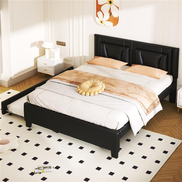 Queen Size Upholstered Platform Bed with Headboard and Twin Size Trundle, Black