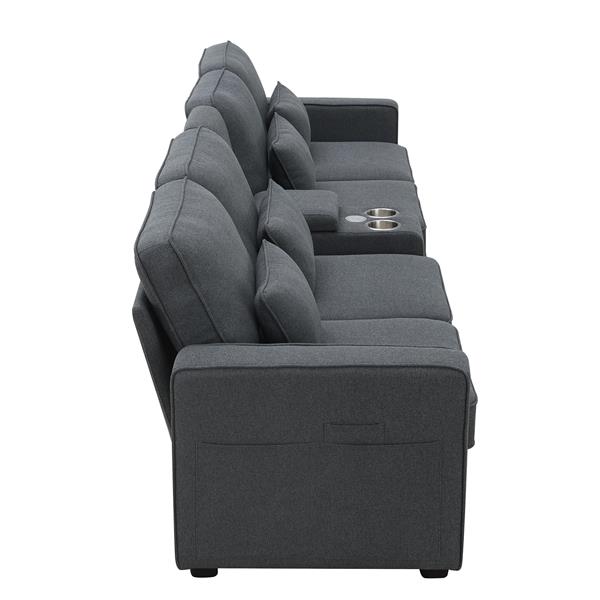 [VIDEO provided] [New] 114.2" Upholstered Sofa with Console, 2 Cupholders and 2 USB Ports Wired or Wirelessly Charged, Modern Linen Fabric Couches with 4 Pillows for Living Room, Apartment (4-Seat)