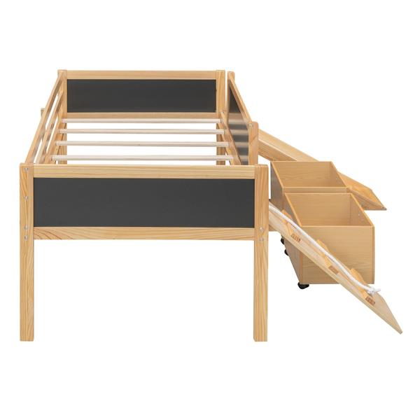 Twin size Loft Bed Wood Bed with Two Storage Boxes - Natrual