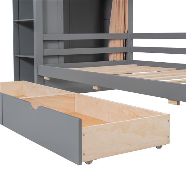 Twin size House Bed with Two Drawers and Wardrobe,Gray