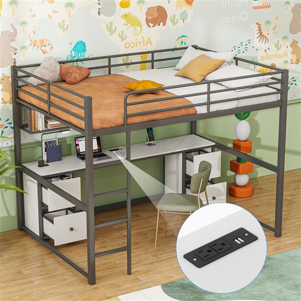 Full Size Metal Loft Bed with Desk, Drawers and Bedside Tray, Charging Station, USB and socket