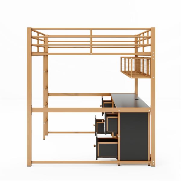 Full Size Metal Loft Bed with Desk, Drawers and Bedside Tray, Charging Station, USB and socket