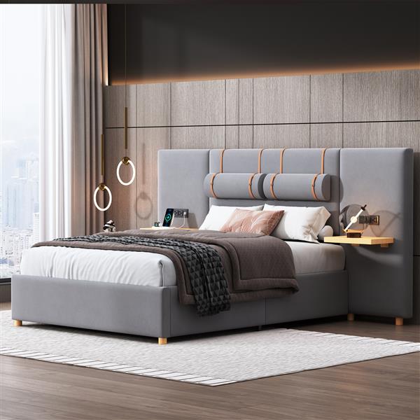 Full size upholstered platform bed with two outlets and USB charging ports on both sides, two bedside pillows, storage shelf, Gray