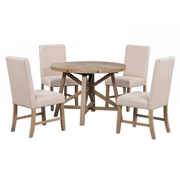 5-Piece Retro Functional Dining Set with Extendable Round Table with Removable Middle Leaf and 4 Upholstered Chairs for Dining Room and Living Room (Natural Wood Wash)