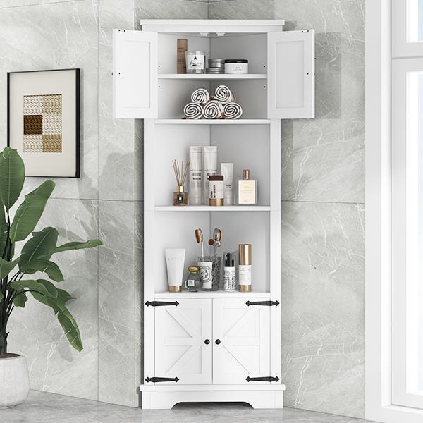 Tall Bathroom Storage Cabinet, Corner Cabinet with Doors and Adjustable Shelf, MDF Board, White