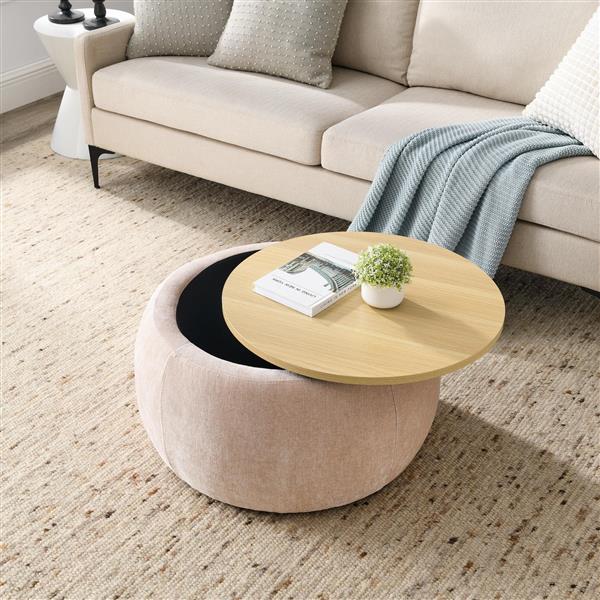 Round Storage Ottoman, 2 in 1 Function, Work as End table and Ottoman,  Pink  (25.5"x25.5"x14.5")