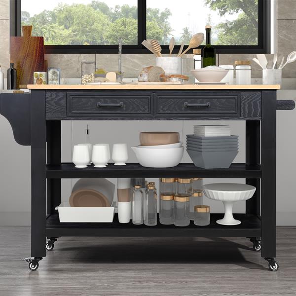 57 inch Rolling Kitchen Island with Storage,Kitchen Cart with Solid OAK Wood Top,Two-sided Kitchen island Cart on Wheels , Wine and Spice Rack, Large Kitchen Cart with 2 Drawers, Black+Natural Top