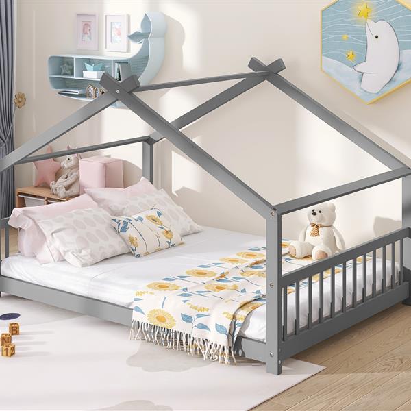 Full Size House Bed Wood Bed, Gray