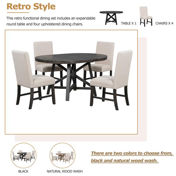 5-Piece Retro Functional Dining Set with Extendable Round Table with Removable Middle Leaf and 4 Upholstered Chairs for Dining Room and Living Room (Black)