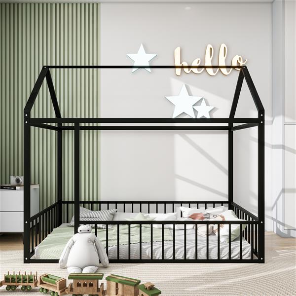 Twin Size Metal Bed House Bed Frame with Fence, for Kids, Teens, Girls, Boys, Black