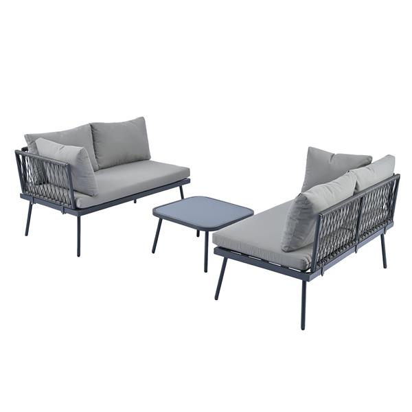 Modern Outdoor 3-Piece PE Rattan Sofa Set All Weather Patio Metal Sectional Furniture Set with Cushions and Glass Table for Backyard, Poolside, Garden, Gray,L-Shaped