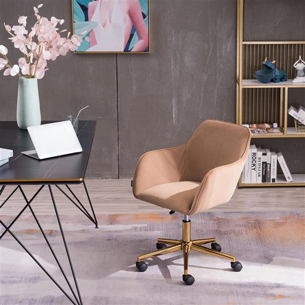 002-Velvet Fabric Adjustable Height 360 revolving Home Office Chair with ld Metal Legs and Universal Wheels for Indoor,Light Coffee