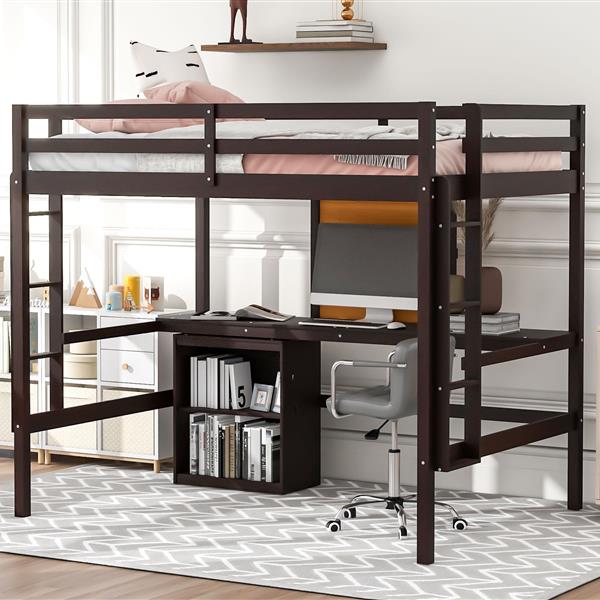 Full size Loft Bed with Desk and Writing Board, Wooden Loft Bed with Desk & 2 Drawers Cabinet- Espresso