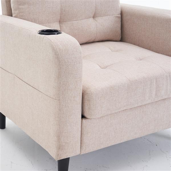 Beige Upholstered Armchair and Storage Ottoman Set - Comfortable Single Sofa with Cup Holders and Tufted Detailing, Ideal for Living Room or Bedroom