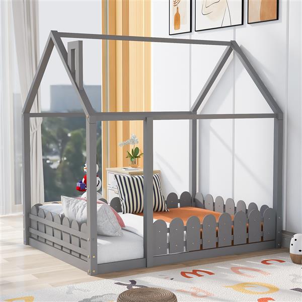 (Slats are not included)Full Size Wood Bed House Bed Frame with Fence, for Kids, Teens, Girls, Boys (Gray )