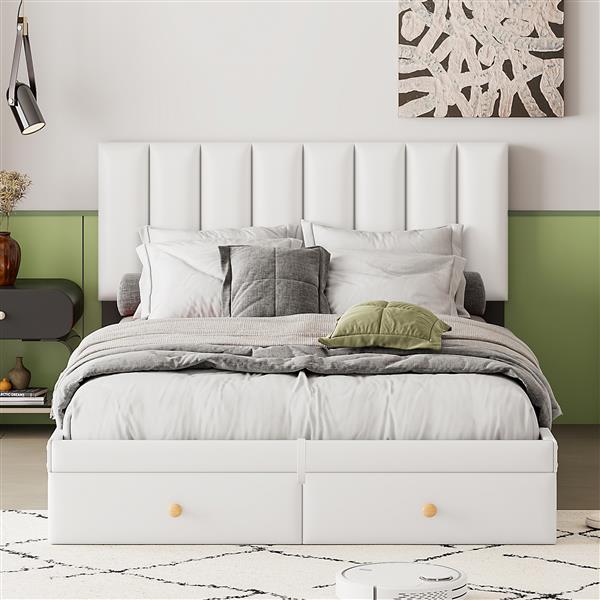 Full Size Upholstered Bed with Hydraulic Storage System and Drawer, White