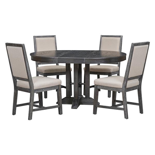 5-Piece Dining Set Extendable Round Table and 4 Upholstered Chairs Farmhouse Dining Set for Kitchen, Dining Room(Black)