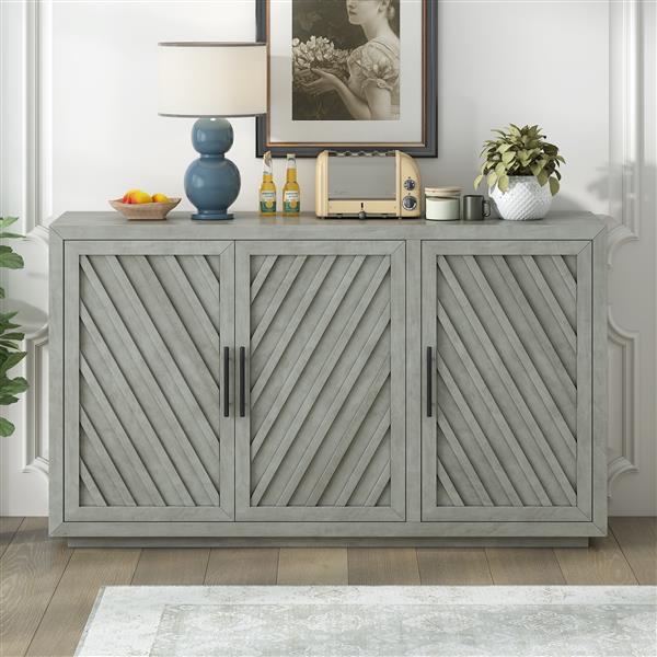 3-Door Large Storage Retro Sideboard with Adjustable Shelves and Black Handles for Kitchen, Dining Room and Living Room (Antique Gray)