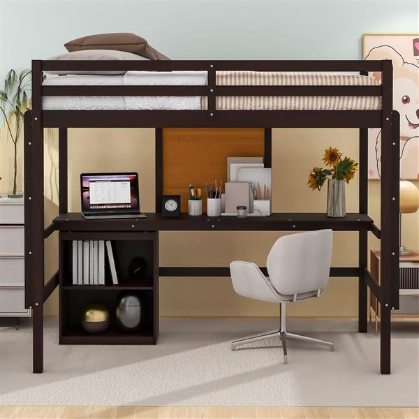 Twin size Loft Bed with Desk and Writing Board, Wooden Loft Bed with Desk & 2 Drawers Cabinet- Espresso