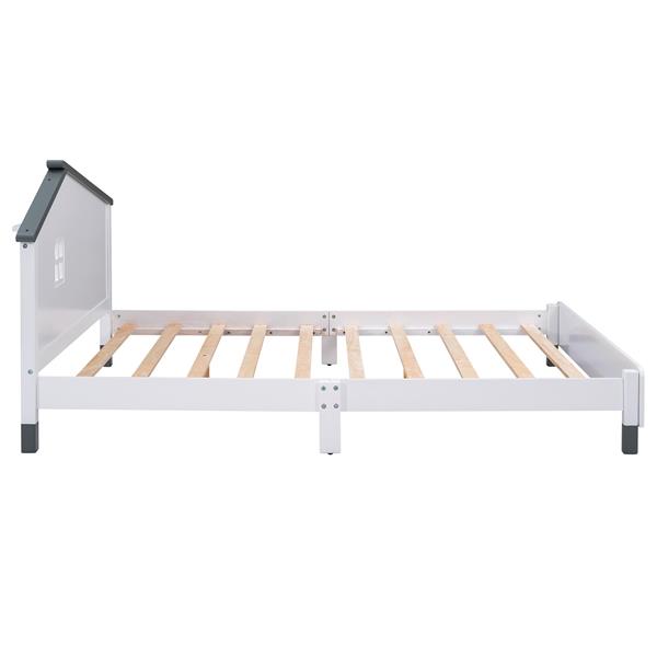 Full Size Wood Platform Bed with House-shaped Headboard  (White+Gray)