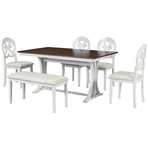 Mid-Century 6-Piece Trestle Table Set with Victorian Round Upholstered Dining Chairs and Long Bench, Cherry+Antique White