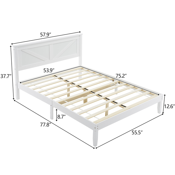 Full Size Solid Wood Platform Bed Frame with Headboard White