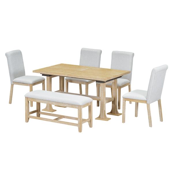 Farmhouse 76inch 6-Piece Extendable Dining Table Set Trestle Kitchen Table Set with 18inch Removable Leaf and Upholstered Dining Chair and Bench for Dining Room, Natural