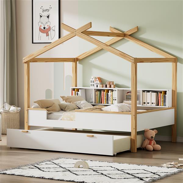 White Full Size Wooden House Bed with Original Wood Colored Frame Twin Size Trundle and Bookshelf Storage Space for Children or Guest Room