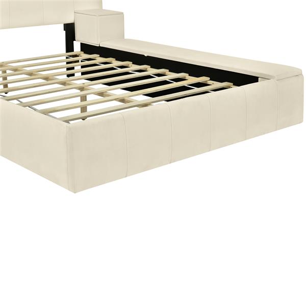 Full Size Upholstered Platform Bed with Lateral Storage Compartments and Thick Fabric, Velvet, Beige