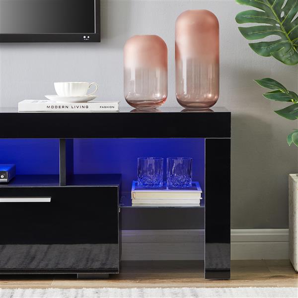 FashionTVstandTVcabinet,EntertainmentCenter,TVstationTV console,media console,with LEDlight belt,light belt remote control,toughenedglassshelf,metal handle,Canbeplaced in the living room,bedroom,black