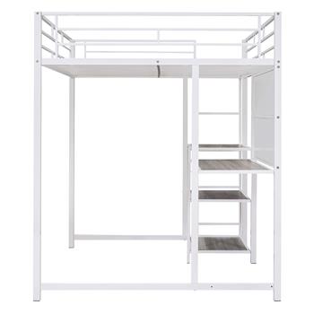 Full Size Loft Bed with Desk and Whiteboard, Metal Loft Bed with 3 Shelves and Ladder, White